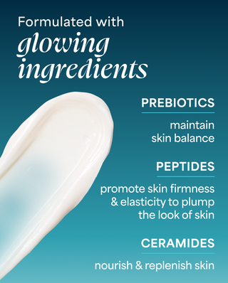 Cosmetic product with text about glowing ingredients on a blue background