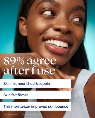 Woman with a smile, text indicating product effectiveness on skin