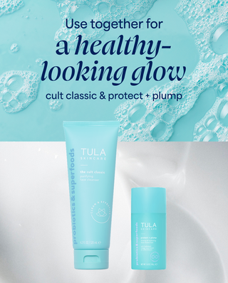 Tula skincare products with text on a blue and white background