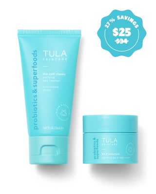 Tula skincare products on a white background with a discount badge.