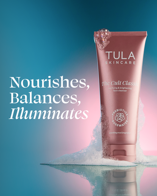 Tula skincare product with text 'Nourishes, Balances, Illuminates' on a gradient background