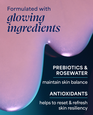 Product packaging with text about glowing ingredients, prebiotics, rosewater, antioxidants, and skin benefits.