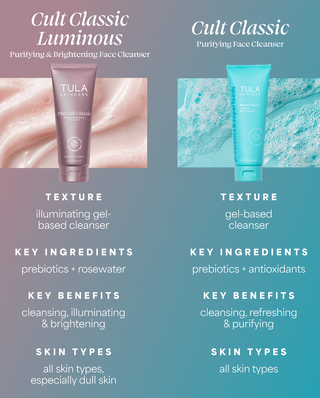 Comparison of Tula Cult Classic Luminous and Cult Classic face cleansers with product images and details.
