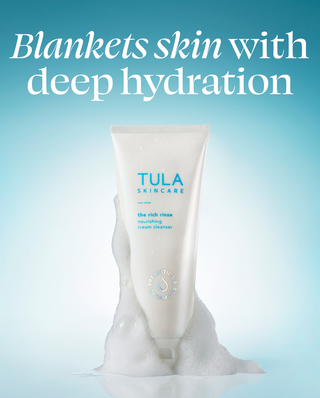 Tula skincare product with text 'Blankets skin with deep hydration' on a blue background
