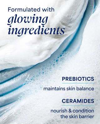 Product packaging with text about glowing ingredients, prebiotics, and ceramides.