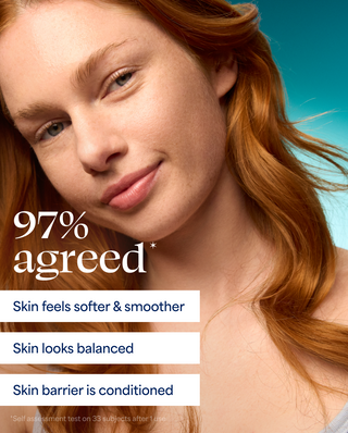 Woman with red hair against a blue sky, with text about skin benefits.