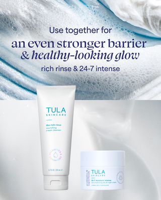 Tula skincare products with text about a stronger barrier and healthy-looking glow on a white background.