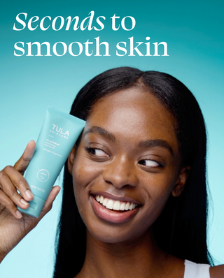 Woman holding a Tula product with text 'Seconds to smooth skin' on a teal background