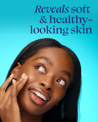 Woman touching her face with a blue background and text about skin health.