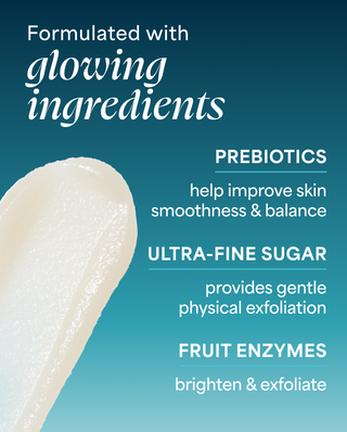 Product packaging with text about glowing ingredients on a blue background