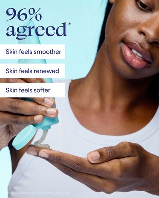 Woman holding a skincare product with text indicating skin benefits on a light blue background