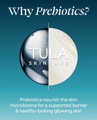 Tula Skincare advertisement with a split image of a droplet on a blue background, featuring the Tula logo.