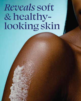 Close-up of a shoulder with a white substance applied, against a blue background with text about skin health.