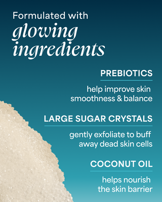 Product texture with text about glowing ingredients, prebiotics, large sugar crystals, and coconut oil on a blue background.