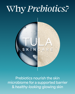 Tula Skincare advertisement about prebiotics with a split image of a droplet on a blue background.