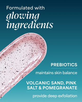 Product packaging with text about glowing ingredients, prebiotics, volcanic sand, pink salt, and pomegranate on a blue background.