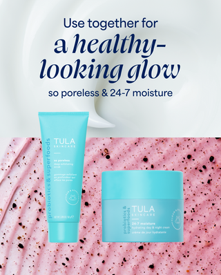 Tula skincare products on a pink textured background with text about healthy-looking glow.
