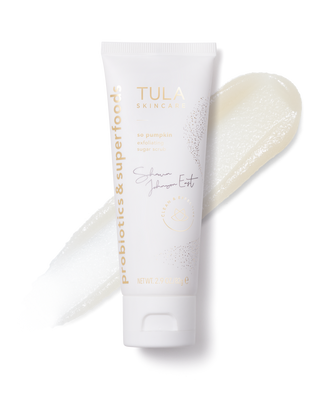 TULA So Pumpkin - Exfoliating sugar scrub in collaboration with Shawn Johnson East. Product packaging displayed.