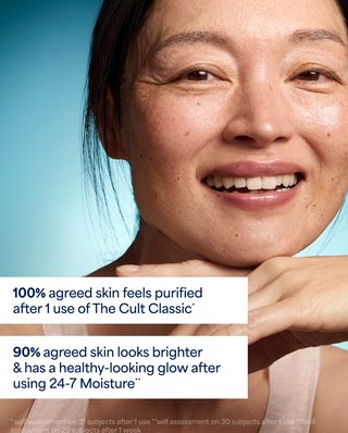 Close-up of a smiling woman's face against a bright blue background with two white text boxes containing product claims about skin purification and moisture.