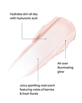 Product swatch with text highlighting hydrating properties, illuminating glow, and rose scent.