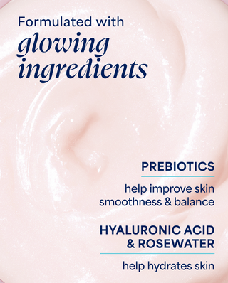 Product texture with text about glowing ingredients including prebiotics, hyaluronic acid, and rosewater.
