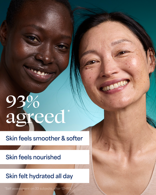 Two women with text indicating skin care product effectiveness on a teal background