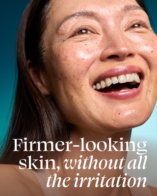 Woman with a smile on her face against a blue background, with text about skin care.