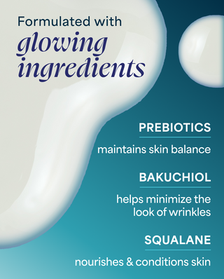 Advertisement for skincare product with text about ingredients on a blue and white background