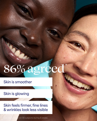Two women smiling with text indicating skin improvement results.