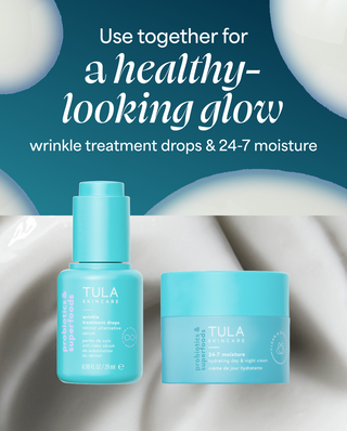 Tula skincare products with text about wrinkle treatment drops and 24-7 moisture on a white and blue background.