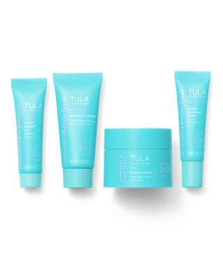 TULA Your Best Skin At Every Age - Anti-Aging 4-Piece Skincare Routine Kit with Probiotic Extracts, Travel Size Collection Displayed