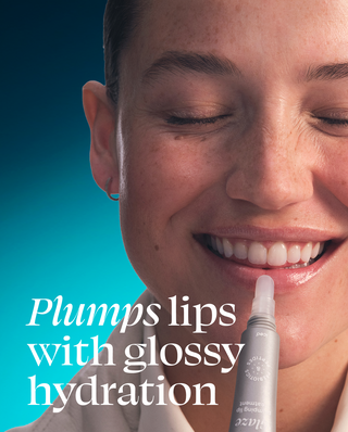 Woman applying lip balm with text 'Plumps lips with glossy hydration' on a blue background