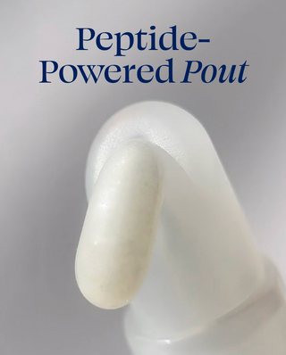 White lip balm with 'Peptide-Powered Pout' text on a gray background