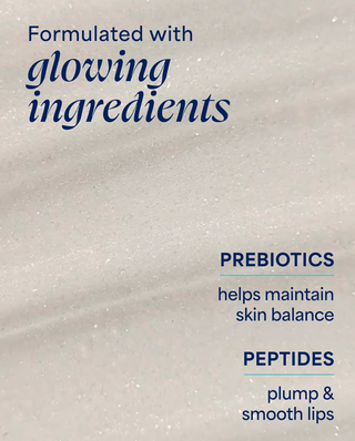 Product texture with text about glowing ingredients, prebiotics, and peptides on a neutral background.