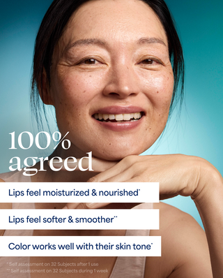 Woman with moisturized lips against a blue background, featuring text about lip product benefits.