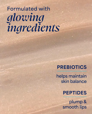 Product packaging with text about glowing ingredients, prebiotics, and peptides on a beige background.