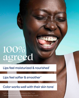 Woman with a big smile against a blue gradient background, with text about lip product benefits.