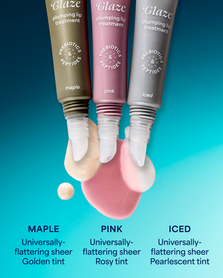 Three lip gloss tubes labeled 'Maple', 'Pink', and 'Iced' with color swatches on a blue background.