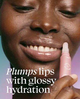 Person applying lip balm with text 'Plumps lips with glossy hydration' on a gradient background