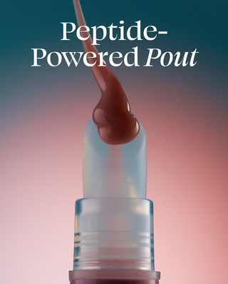 Lipstick with brown lipstick on a gradient background, labeled 'Peptide-Powered Pout'.