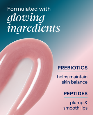 Lip balm with text about glowing ingredients, prebiotics, and peptides on a gradient background.