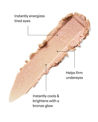 Cosmetic product swatch with text describing its benefits on a white background