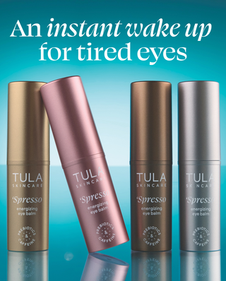 Tula skincare products with a blue gradient background and text 'An instant wake up for tired eyes'.