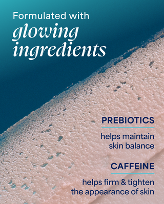 Product packaging with text about glowing ingredients, prebiotics, and caffeine for skin care.