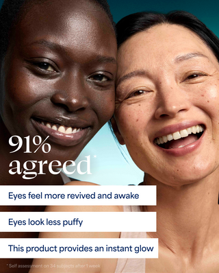 Two women smiling with text about product effects on eyes.