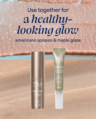 Tula skincare products with text 'Use together for a healthy-looking glow' on a textured background