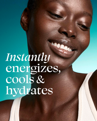 Woman with a radiant smile against a teal background with text about product benefits.