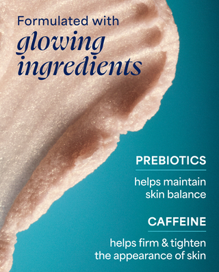 Product packaging with text about glowing ingredients, prebiotics, and caffeine on a blue background.
