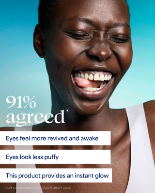 Woman with a bright smile against a blue gradient background, featuring text about product effects.