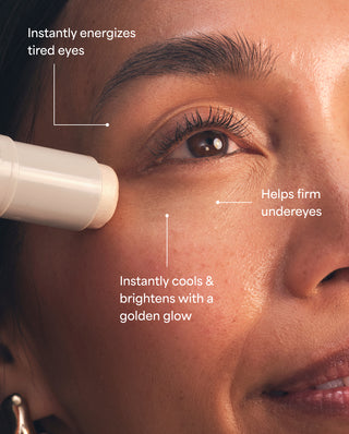 Close-up of a woman's eye with a product being applied, highlighting its effects on tired eyes, undereyes, and overall skin tone.